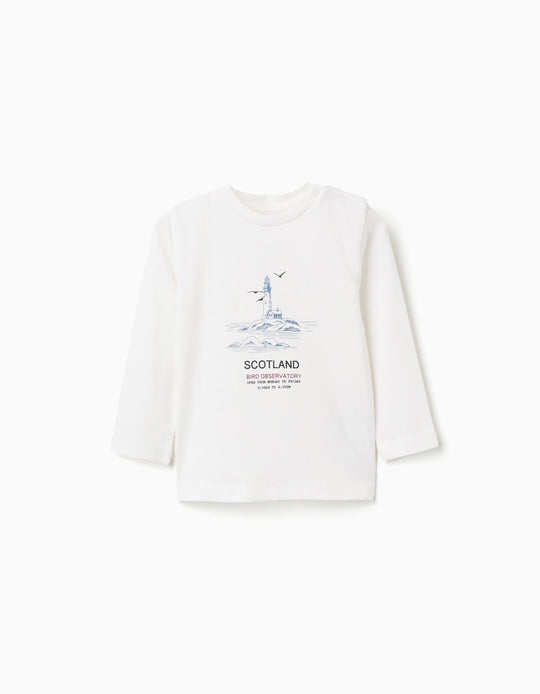 Long sleeve cotton T-shirt 'bird observatory' for baby boys, white