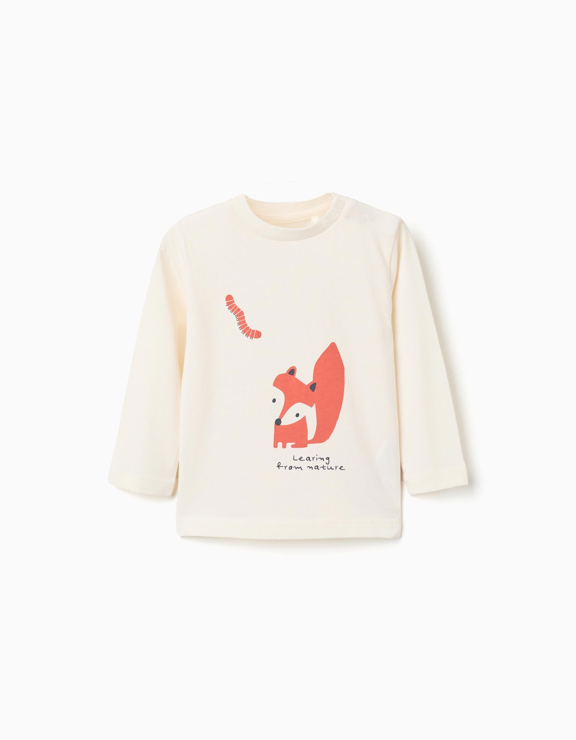 Long sleeve cotton T-shirt 'fox and worm' for baby boys, white | Ziddy KSA