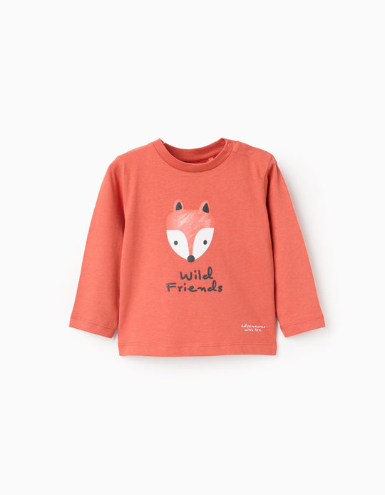 Long sleeve cotton T-shirt 'fox' for baby boys, orange