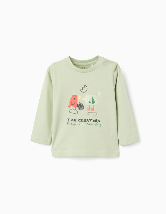 Long sleeve cotton T-shirt 'birds' for baby boys, light green