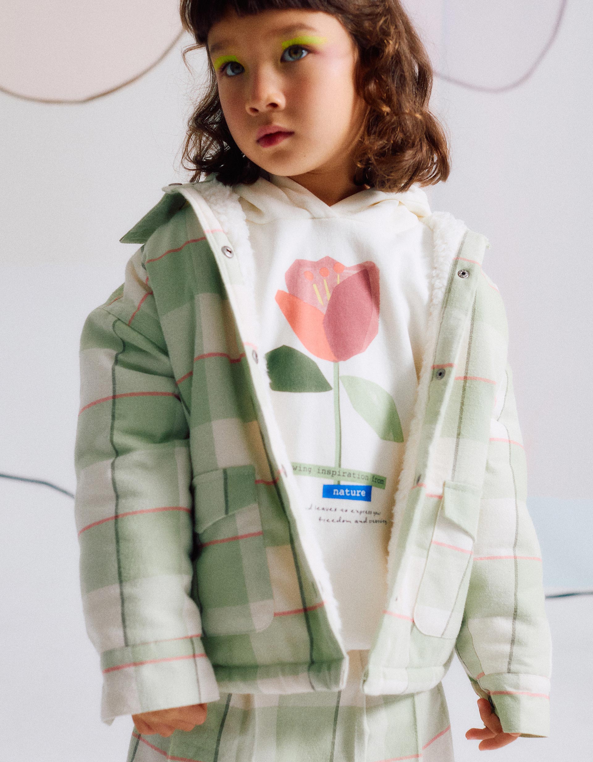 Flannel jacket with sherpa lining for girls, light green | Ziddy KSA