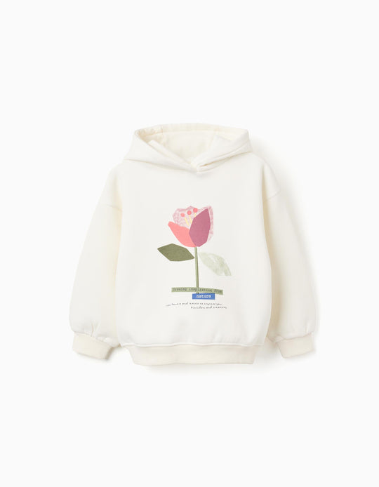 Brushed hooded sweatshirt with flower print for girls, white