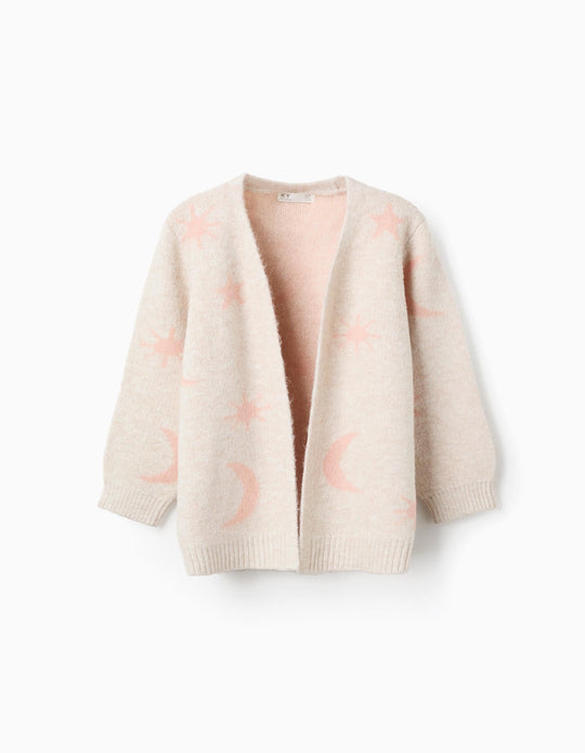 Long knitted jacket with lurex and embroidery for girls, beige/pink