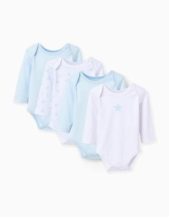 Pack of 4 Cotton Bodysuits for Baby Boys 'Moon & Star', White/Blue