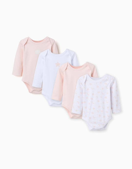 Pack of 4 Cotton Bodysuits for Baby Girls 'Moon & Star', White/Pink