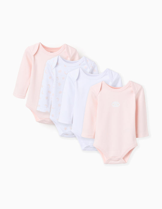 Pack of 4 Cotton Bodysuits for Baby Girls 'Moon & Star', White/Pink
