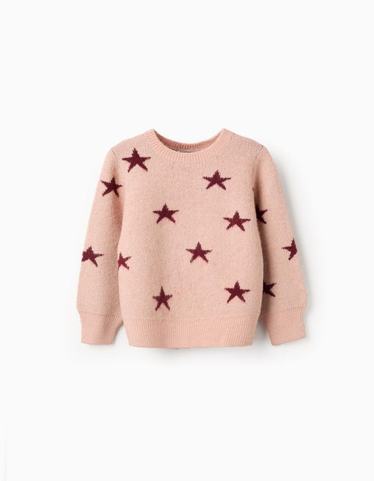 Knitted jumper with lurex stars for girls, pink/burgundy