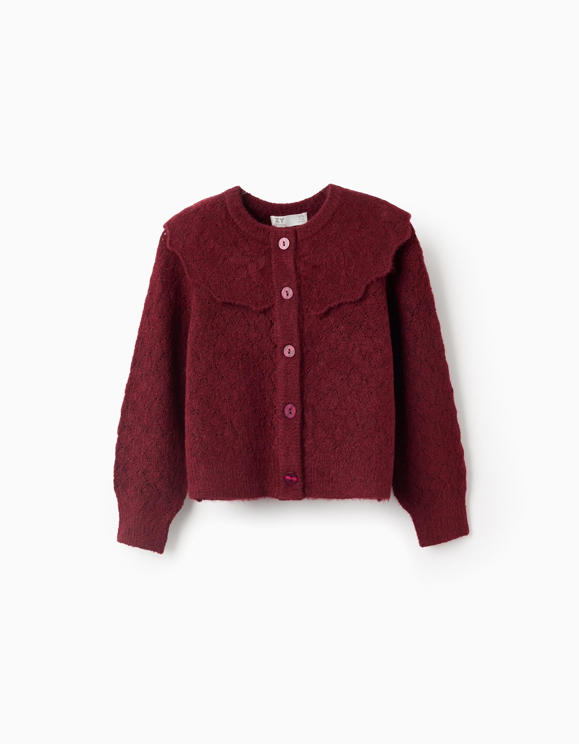 Openwork knit jacket with ruffle collar for girls, burgundy | Ziddy KSA