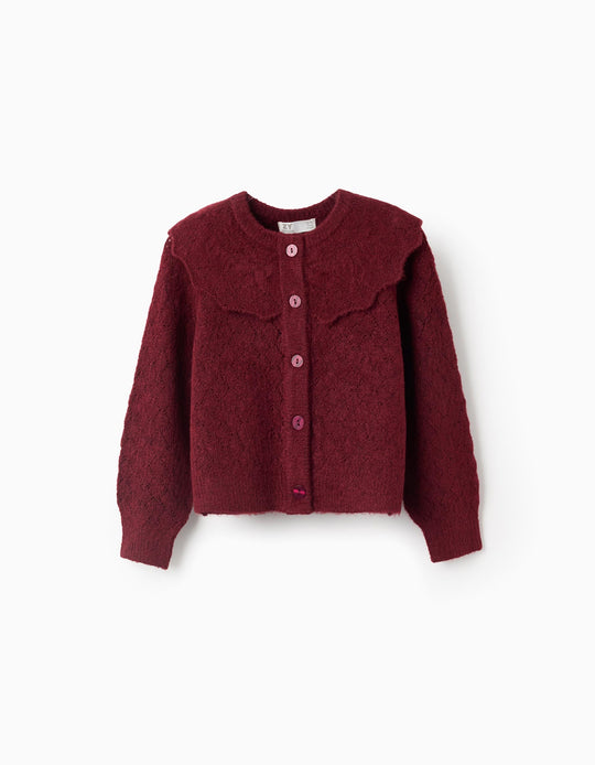 Openwork knit jacket with ruffle collar for girls, burgundy