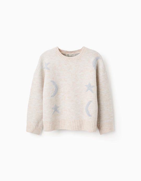 Knitted jumper with lurex moon and stars for girls, beige