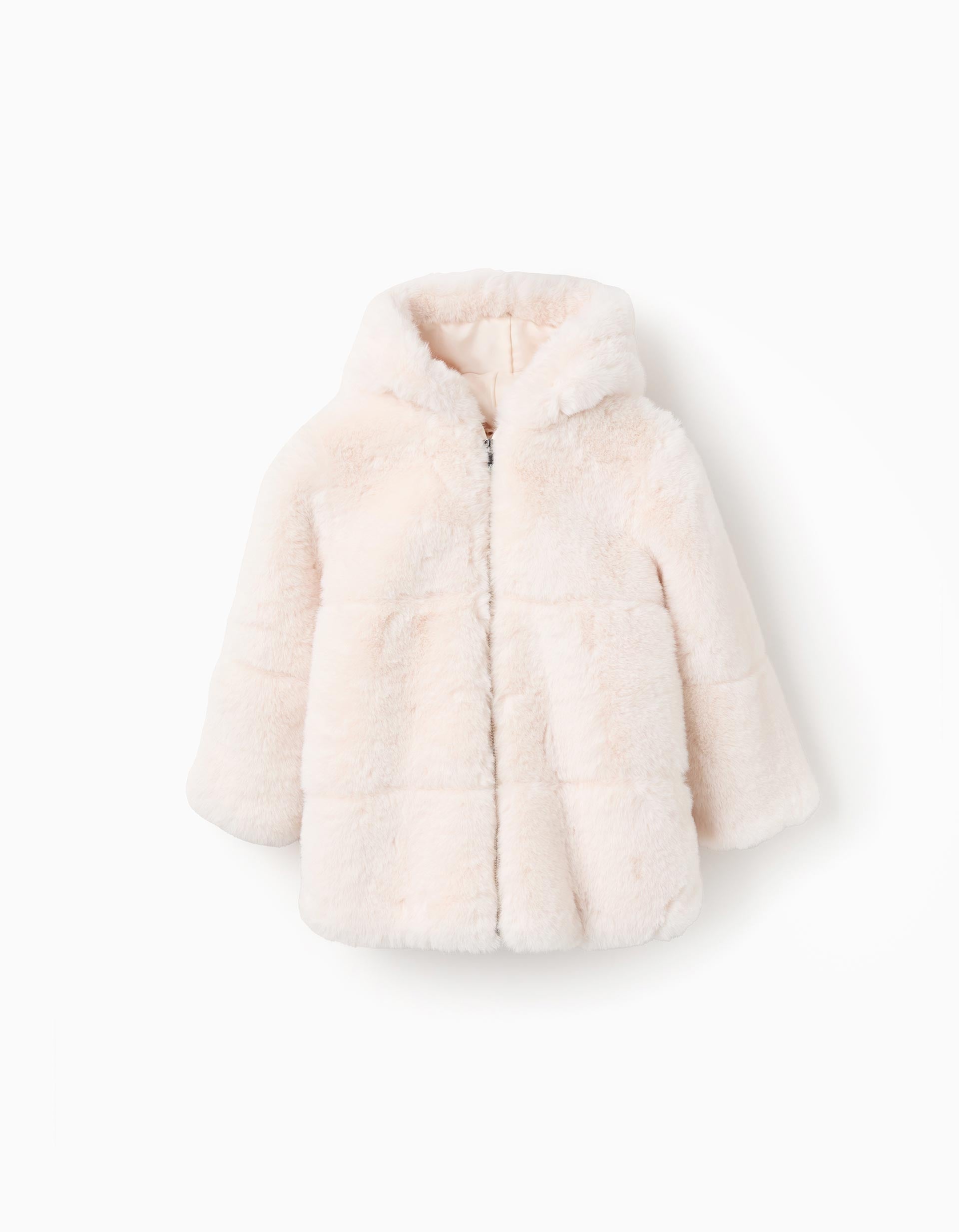 Long hooded coat in faux fur for girls, beige | Ziddy KSA