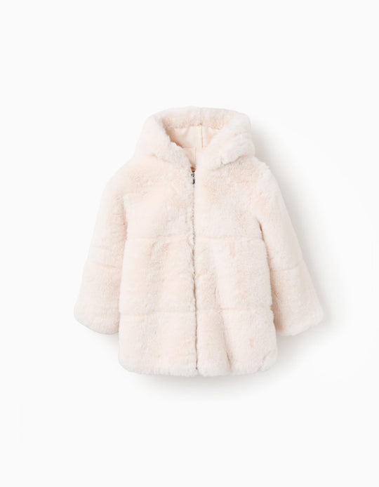Long hooded coat in faux fur for girls, beige