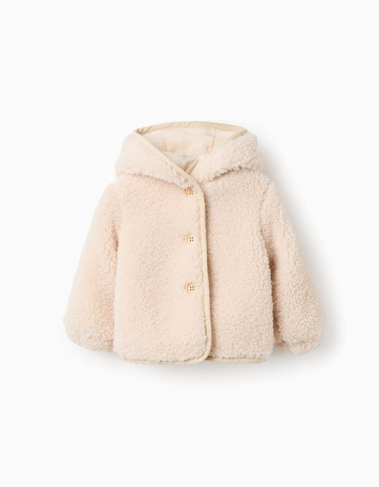 Hooded Sherpa Jacket for Newborns, Beige