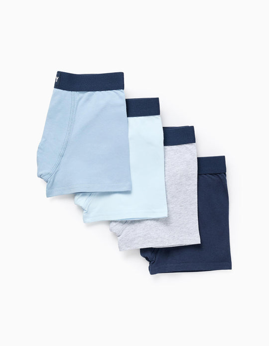 Pack of 4 Plain Boxer Shorts for Boys, Grey/Dark Blue/Light Blue