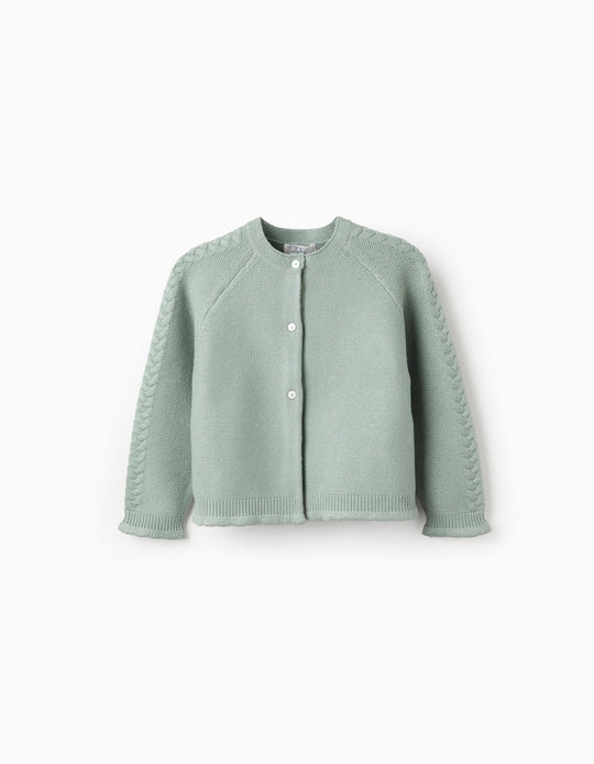 Knitted cardigan with cable details for girls, light green