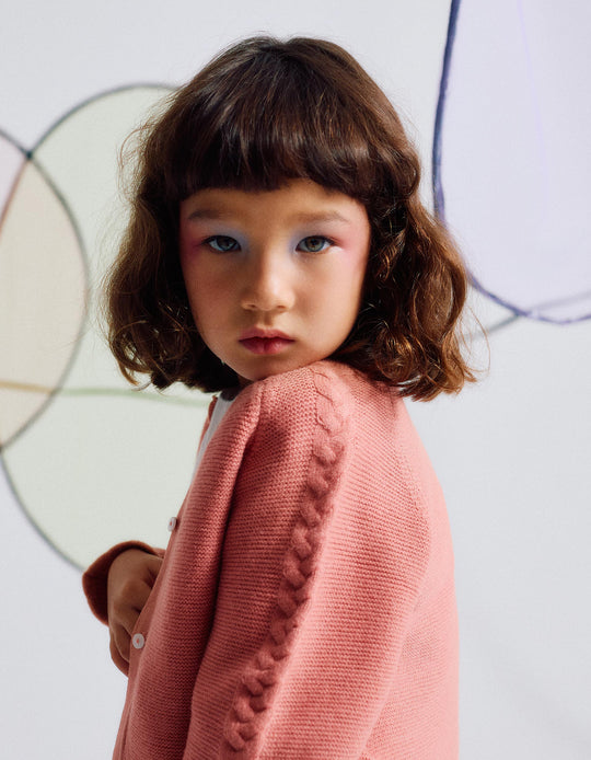 Round neck knitted cardigan for girls, pink