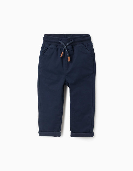 Trousers in Twill with Jersey Lining for Baby Boys, Dark Blue