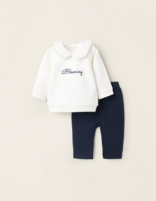 Sweatshirt + Trousers for Newborns 'Blooming', White/Dark Blue