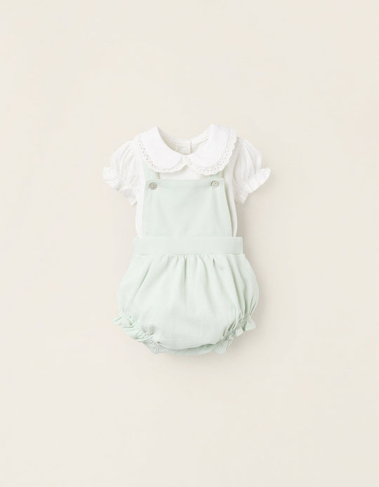 Bodysuit + Piqué Jumpsuit with Ruffles for Newborn Girls, White/Green