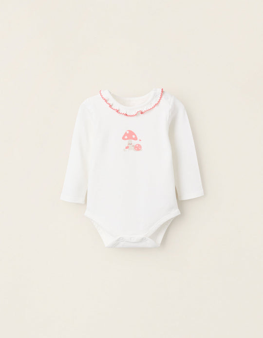 Bodysuit with Ruffles at the Collar for Newborn Girls 'Mushroom', White