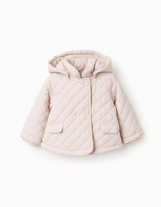 Quilted jacket with removable hood for newborn girls, beige