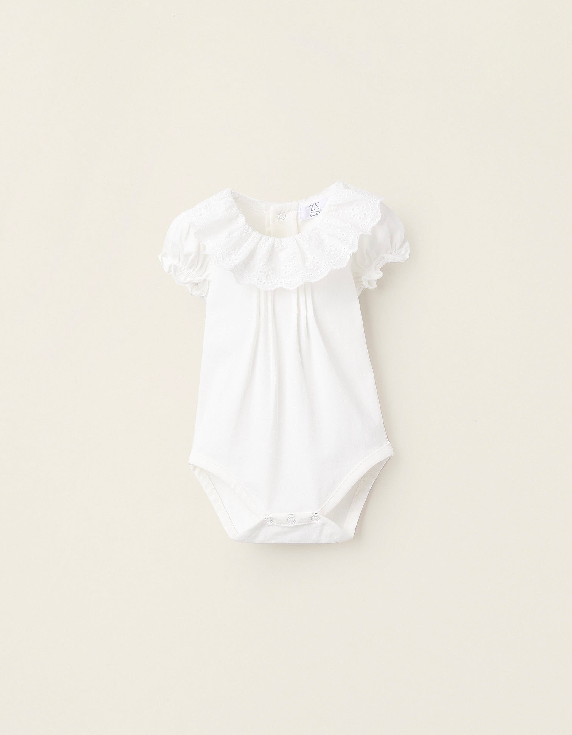 Bodysuit-Blouse with Ruffles and Broderie Anglaise for Newborn Girls, White | La vie en Rose | KSA