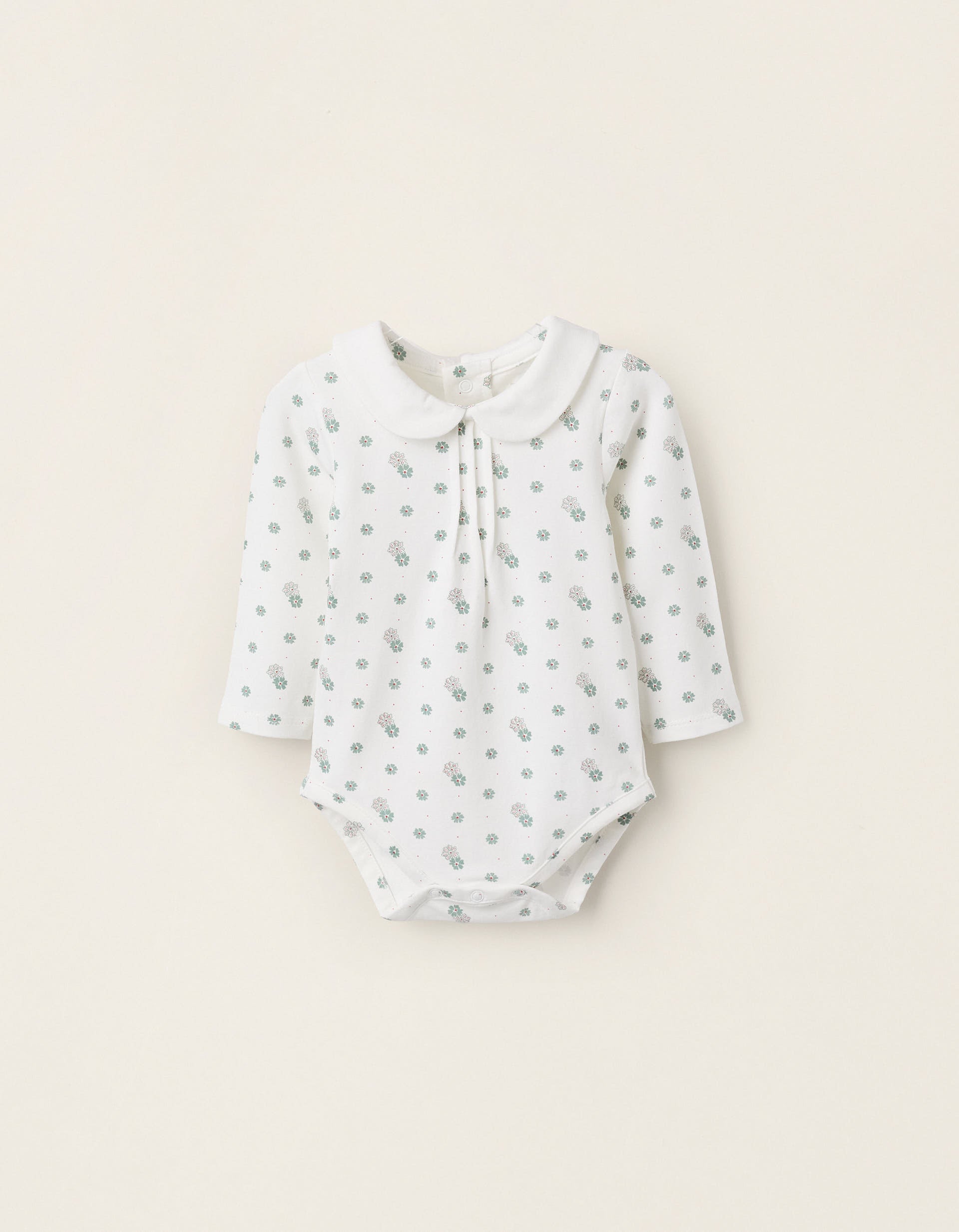 Floral Bodysuit with Peter Pan Collar for Newborn Girls, White/Green | Ziddy KSA