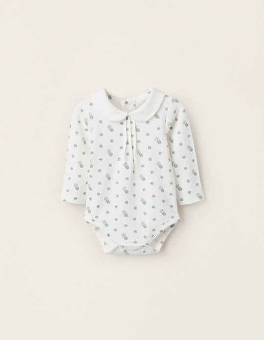 Floral Bodysuit with Peter Pan Collar for Newborn Girls, White/Green