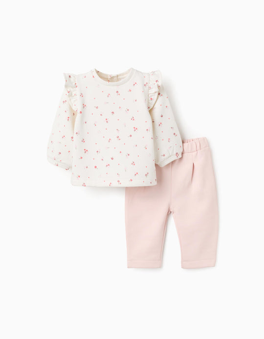 Ruffled Sweatshirt + Trousers for Newborns 'Mushrooms', White/Pink