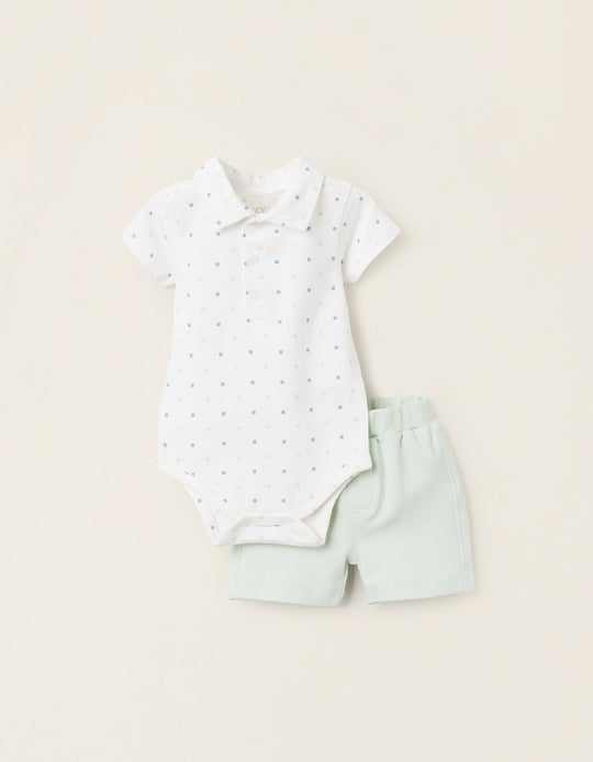 بادي بنقشة + شورت بيكيه للمواليد، أبيض/أخضر