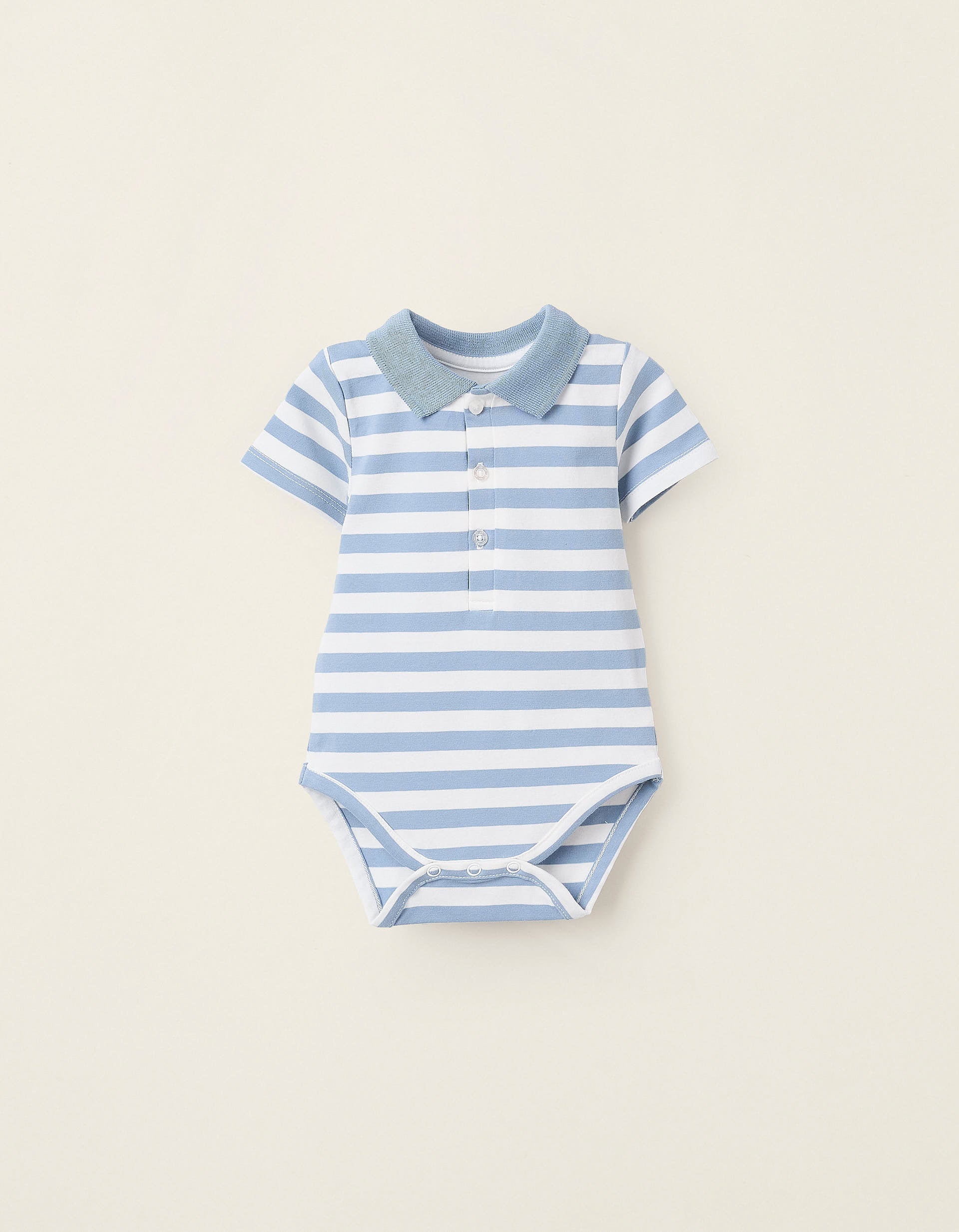 Striped Polo Bodysuit with Ribbed Collar for Newborns, White/Blue | La vie en Rose | KSA