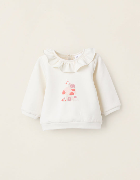 Brushed Sweatshirt with Ruffles for Newborn Girls 'Mushrooms', White