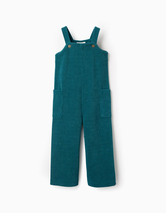 Interlock knit dungarees with patch pockets for girls, blue
