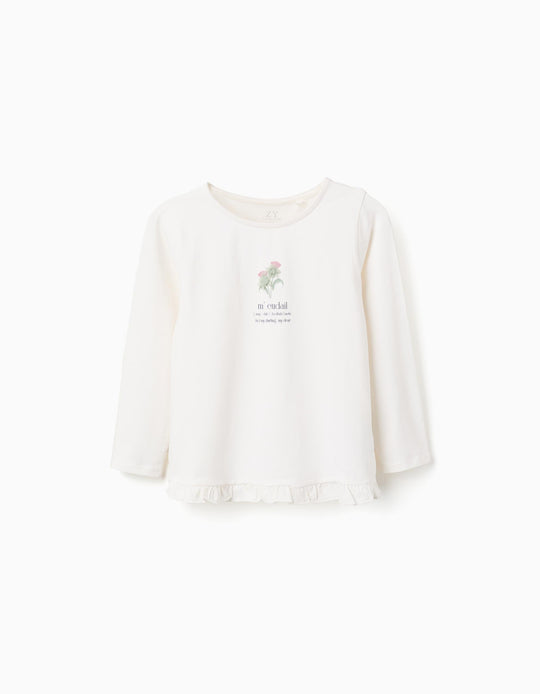 Long sleeve T-shirt with flower print and ruffles for girls, white