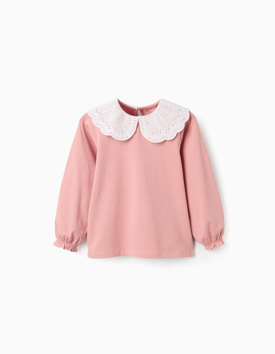 T-shirt with Broderie Anglaise Collar and Ruffles for Girls, Pink