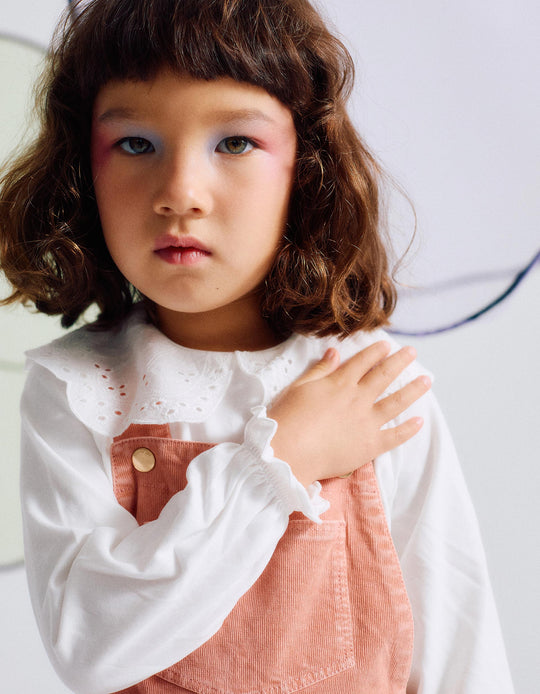 T-shirt with Broderie Anglaise Collar and Ruffles for Girls, White