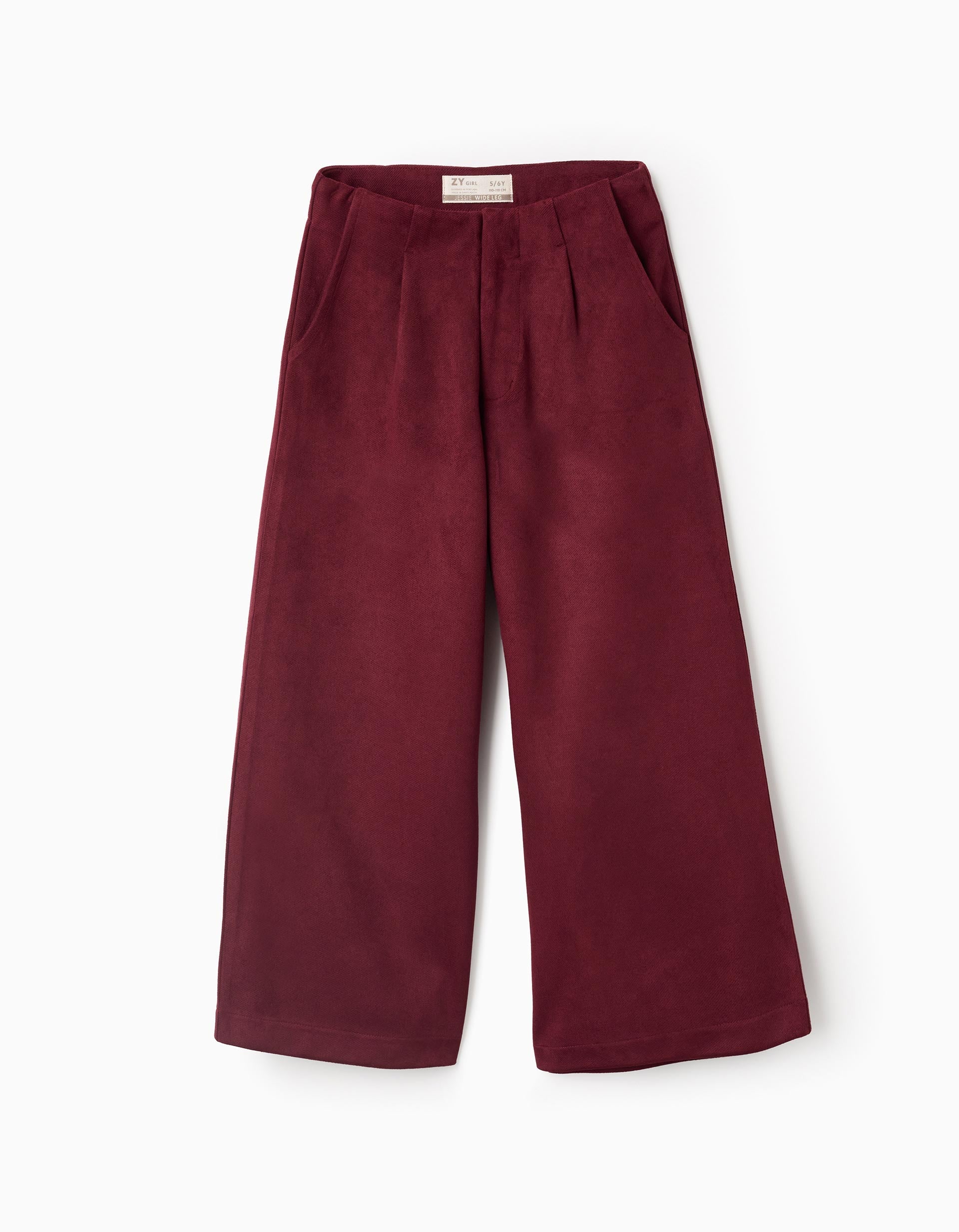 Wide leg suedette trousers for girls, burgundy | Ziddy KSA