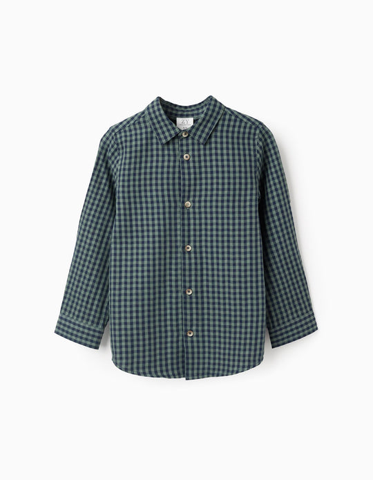 Cotton Shirt with Vichy Pattern for Boys, Green/Blue