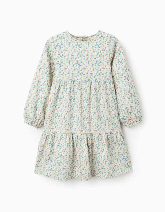 Long sleeve cotton dress with floral pattern for girls, beige