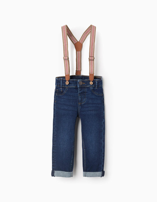 Denim Trousers + Braces for Baby Boys, Dark Blue