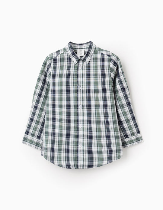 قميص قطن بمربعات للأولاد، أخضر/أزرق داكن