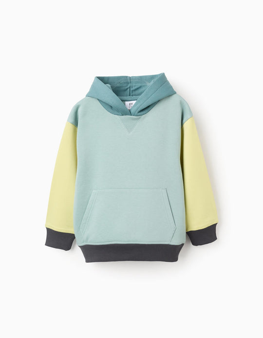 Brushed Sweatshirt with Hood for Boys, Green/Yellow/Grey