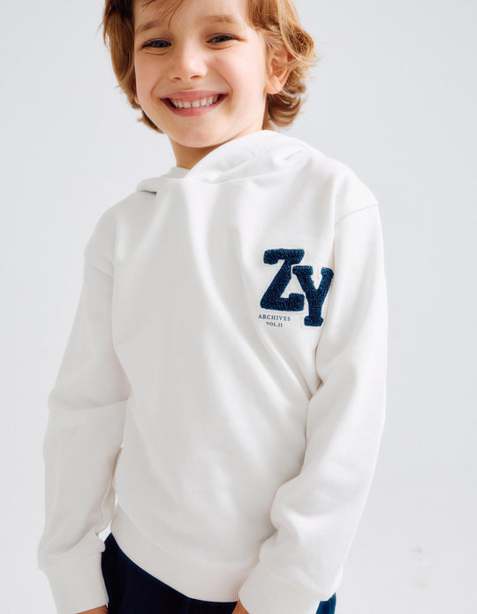 Hooded Sweatshirt with Bouclé for Boys 'ZY Archives', White