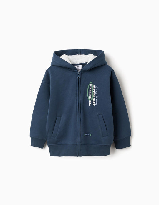Brushed hooded jacket with 'Arts College' print for boys, blue