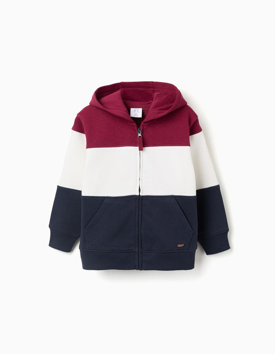 Brushed hooded jacket with colour block for boys, red/white/blue