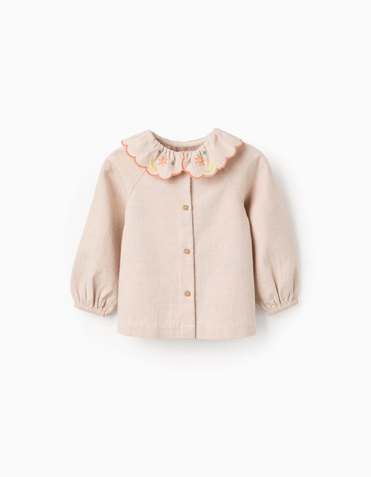 Flower Embroidered Twill Shirt for Baby Girls, Beige