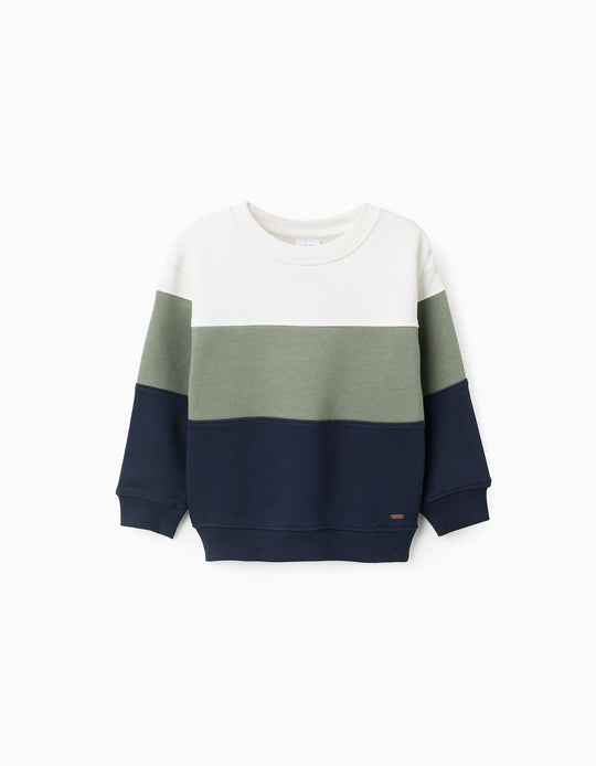 Brushed sweatshirt with colour block for boys, white/green/blue