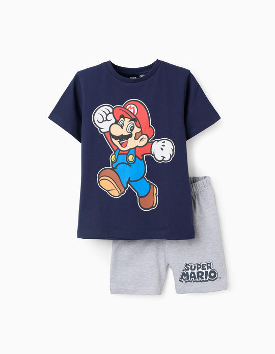 بيجاما قطن قصيرة للأولاد "Super Mario"، أزرق/رمادي