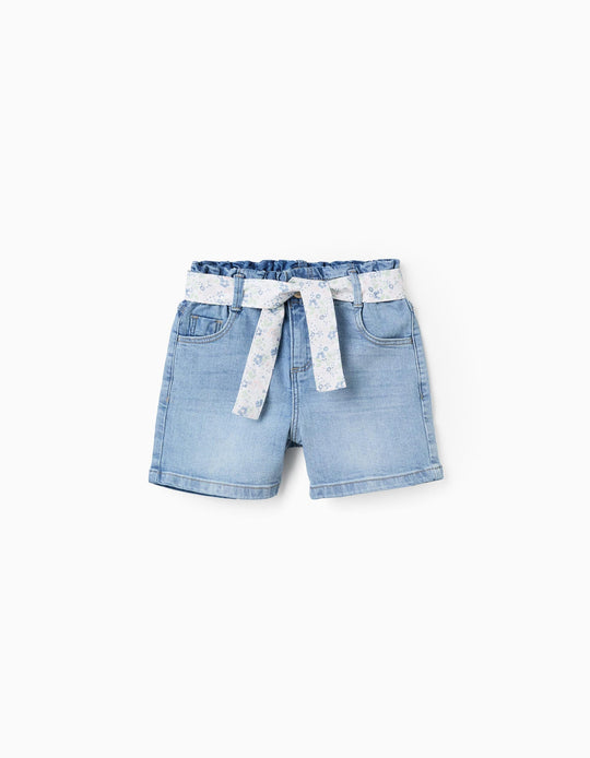 شورت دنيم بحزام مزهر للفتيات، أزرق