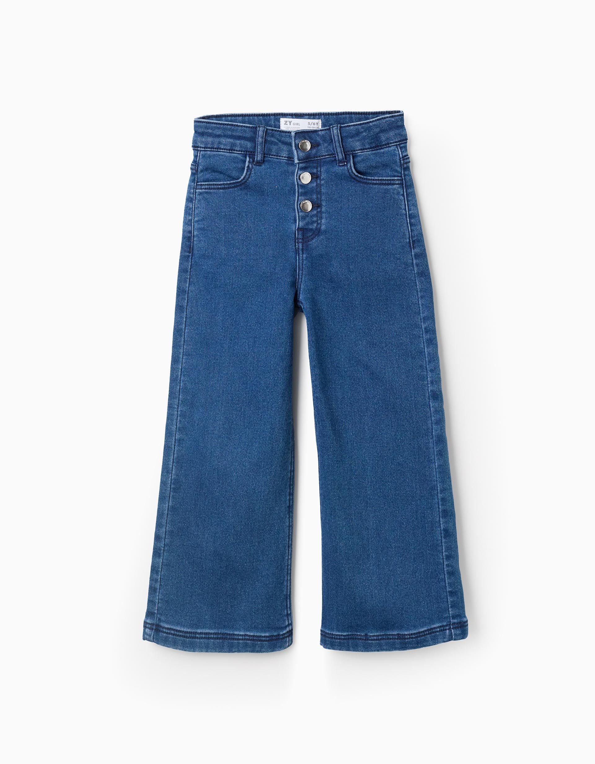 Wide Leg Denim Trousers with Silver Buttons for Girls, Blue | Ziddy KSA